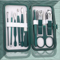 Emerald green nail clippers set in storage case with stainless steel and carbon steel manicure and pedicure tools