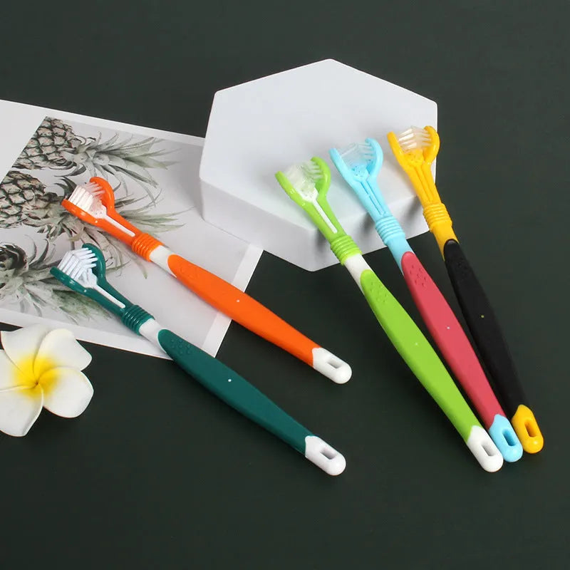 Three-head plastic pet toothbrush in 175x24x15mm size for oral cleaning, available in five colours
