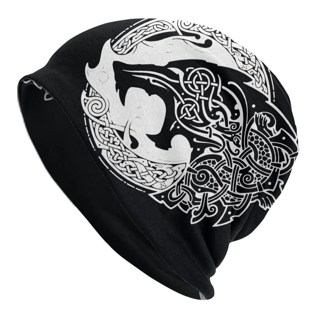 Long sleeve beanie hat with printed Viking wolf design and double-layer elastic cap