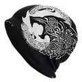 Long sleeve beanie hat with printed Viking wolf design and double-layer elastic cap
