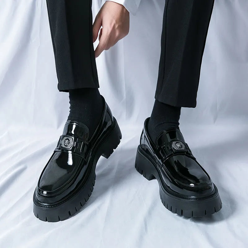 Men's black glossy platform loafers with hidden low heel for summer wear