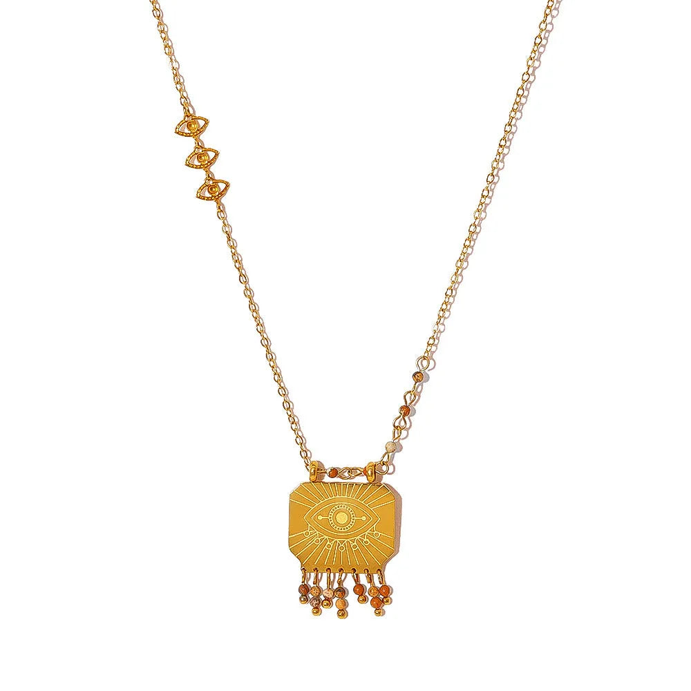Gold titanium steel square pendant necklace with evil eye and natural stone detail, 41-50cm chain