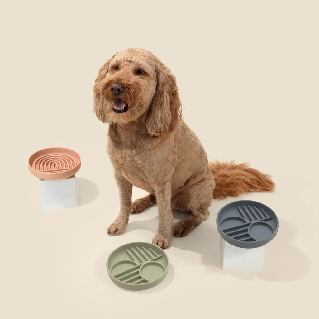 Silicone slow feeder dog bowl with ridges, shown in beige colour, measuring 19 cm.