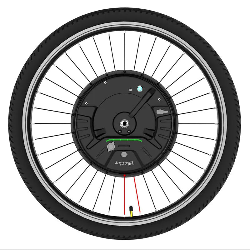 Black alloy hub motor wheel for electric bicycle conversion to mountain bike