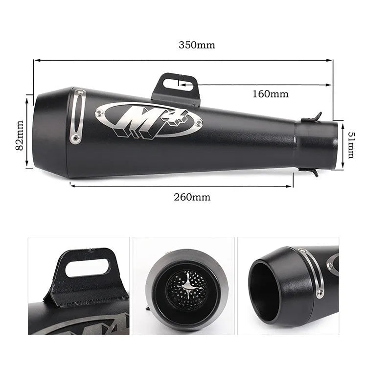 Universal M4 motorcycle exhaust pipe in multiple finishes including black steel and titanium colour