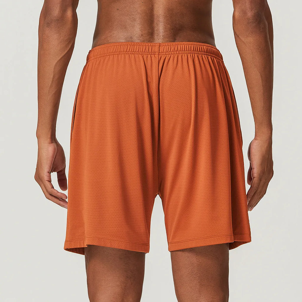 Men's quick-dry nylon double-layer running shorts in dark brown, shown laid flat.