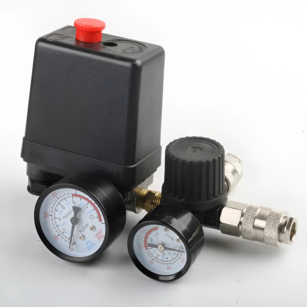European style air compressor pressure regulating valve assembly with switch box and industrial fittings