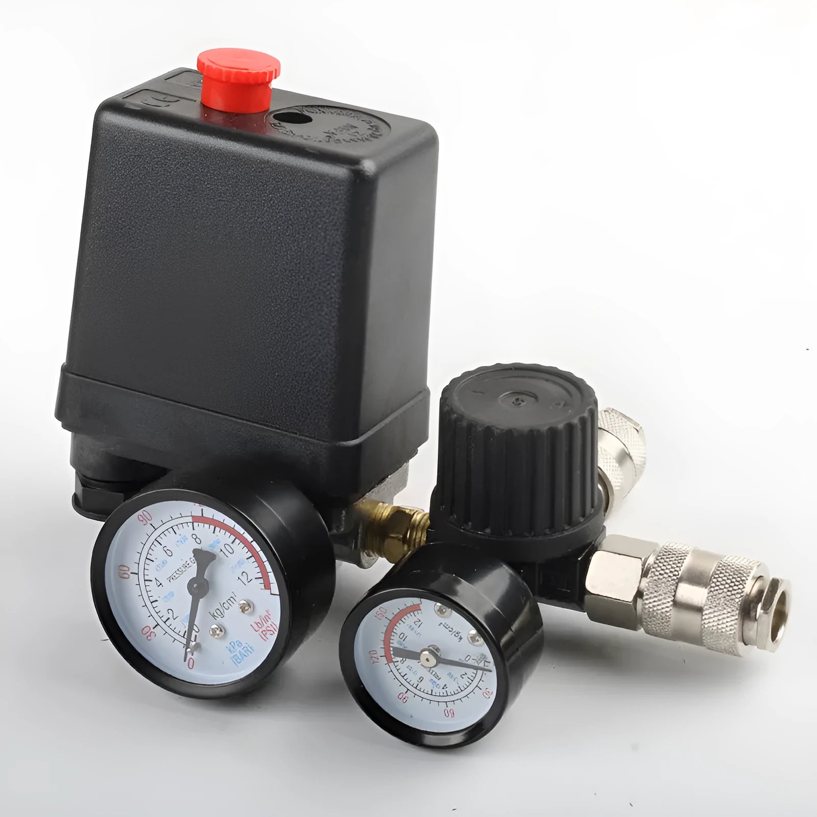 European style air compressor pressure regulating valve assembly with switch box and industrial fittings