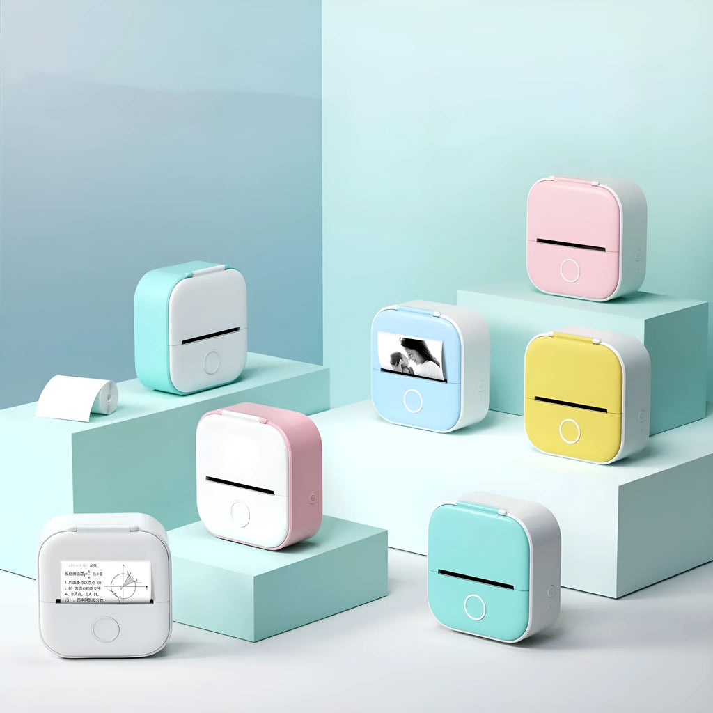 Mini portable printer with USB cable and protective rabbit ear case in pink, green or white