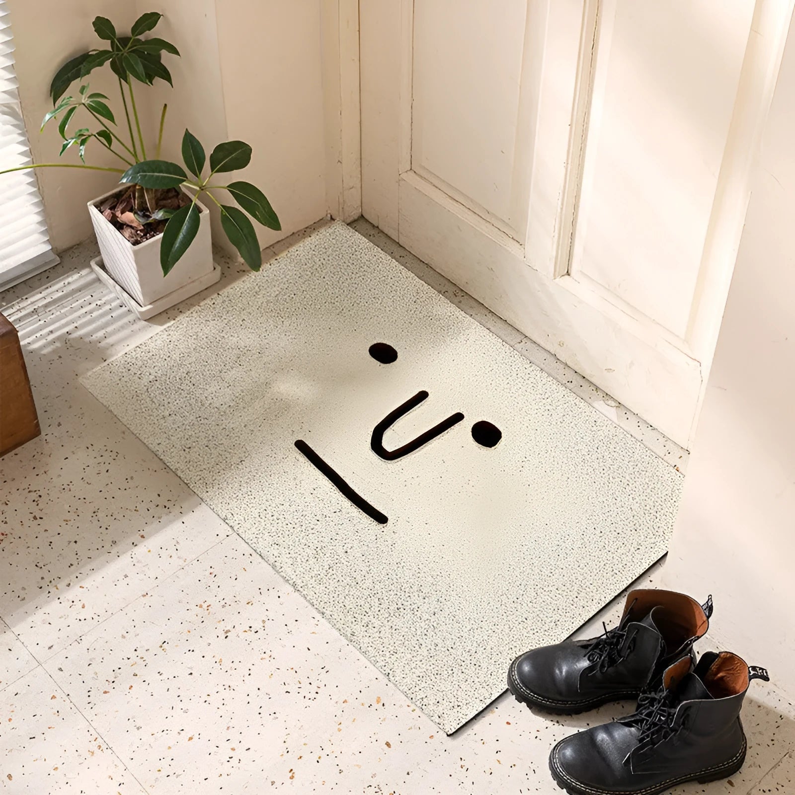 Square cartoon facial expression floor mat with geometric pattern in Mr. Big Nose colour