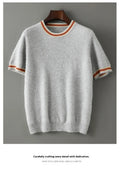 Men's grey pure wool short sleeve round neck sweater on hanger