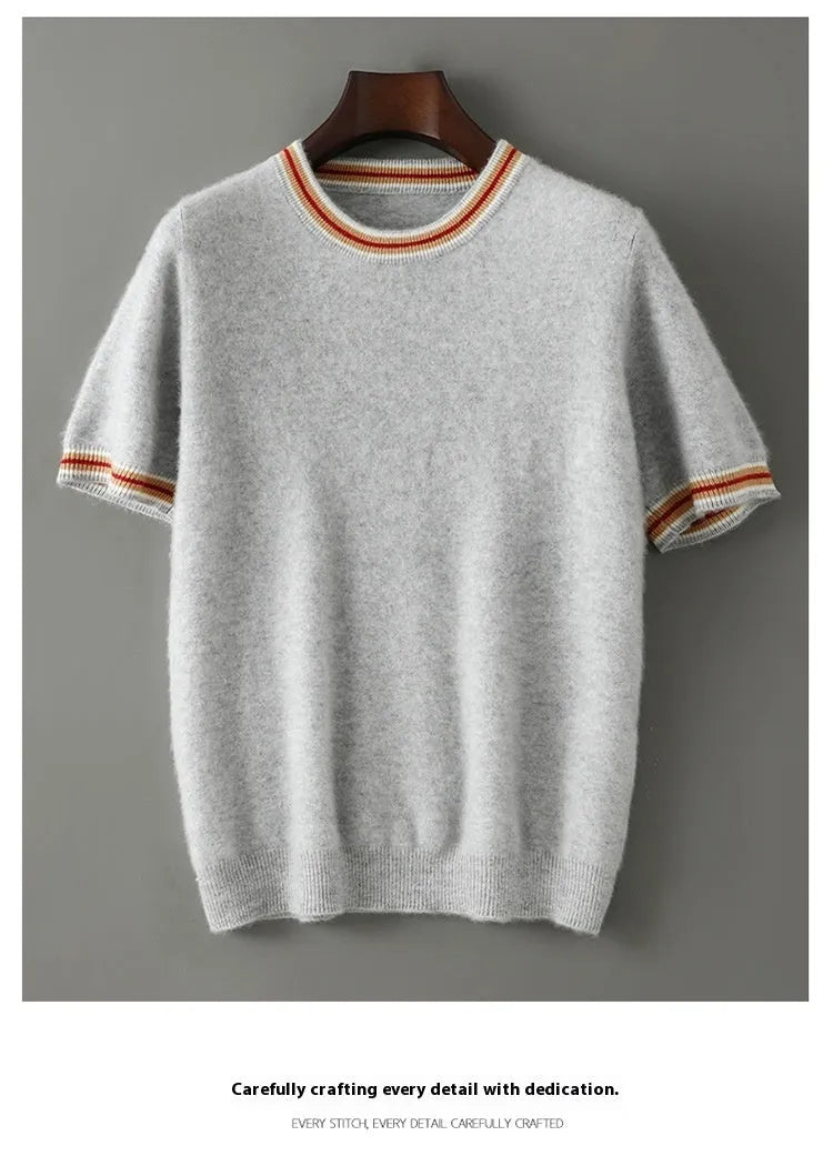 Men's grey pure wool short sleeve round neck sweater on hanger