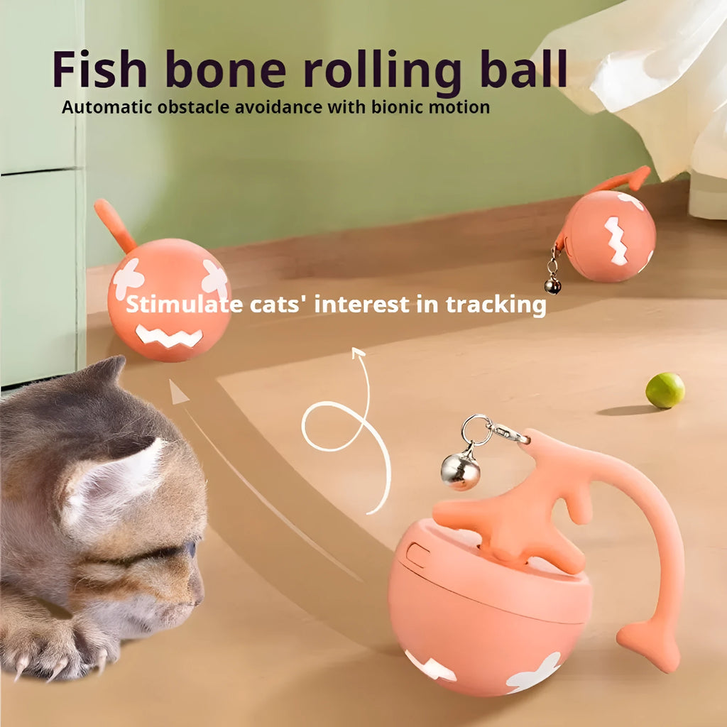 USB electric cat teasing ball toy with rolling fish bone design and feather teaser attachment