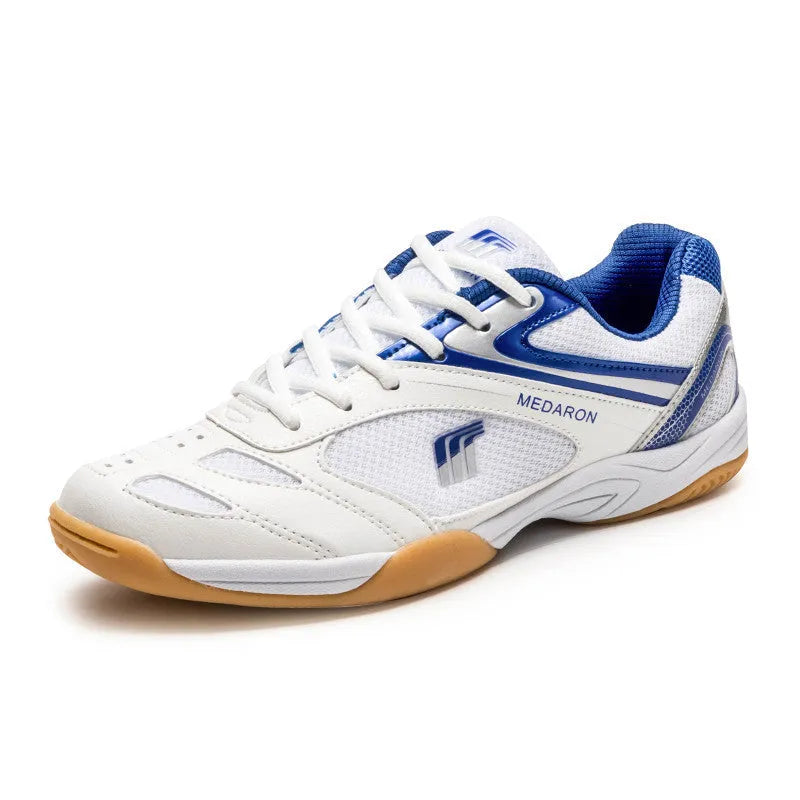 White and blue unisex table tennis training sneaker with lace-up front and rubber sole.