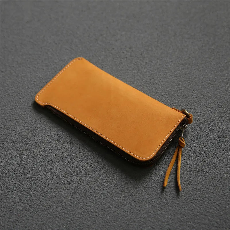 Men's genuine leather wallet with zipper, top layer cowhide, dark brown Crazy Horse finish, 18 cm length