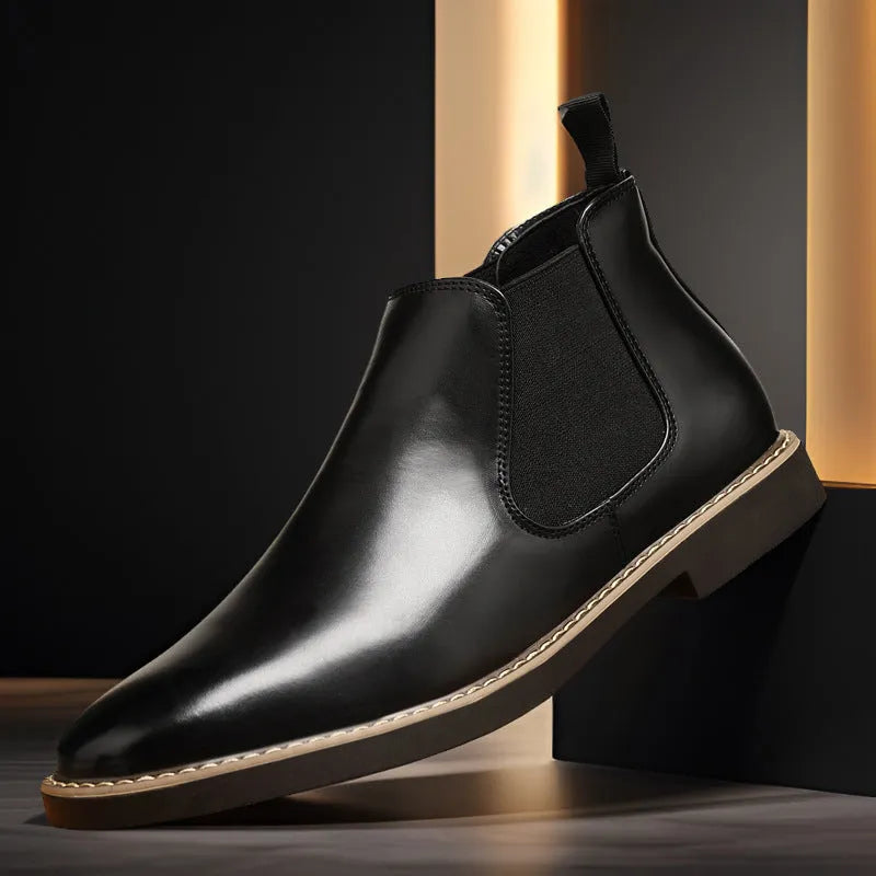 Men's plus size British style leather boots with square heel, solid colour, and rubber sole in black finish