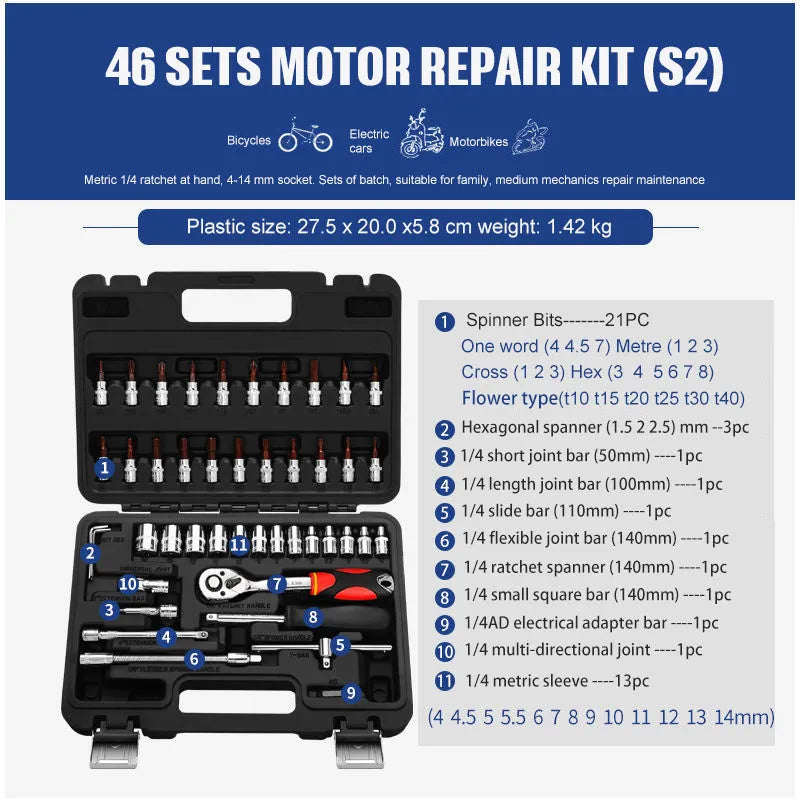 46-piece chromium vanadium steel socket ratchet wrench set in black storage box