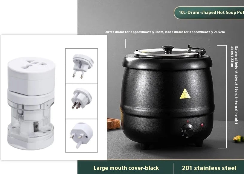 Black electric heating soup pot with stainless steel interior and large mouth cover for commercial kitchen use