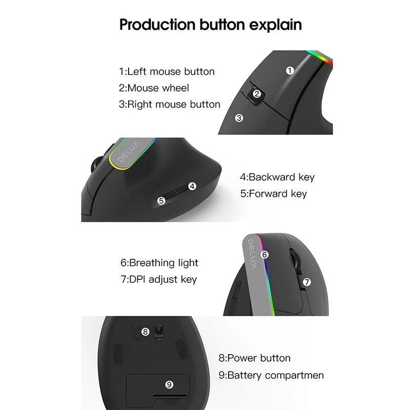 M618C vertical wireless ergonomic mouse in black, 115mm length, ABS plastic, with 2.4GHz receiver