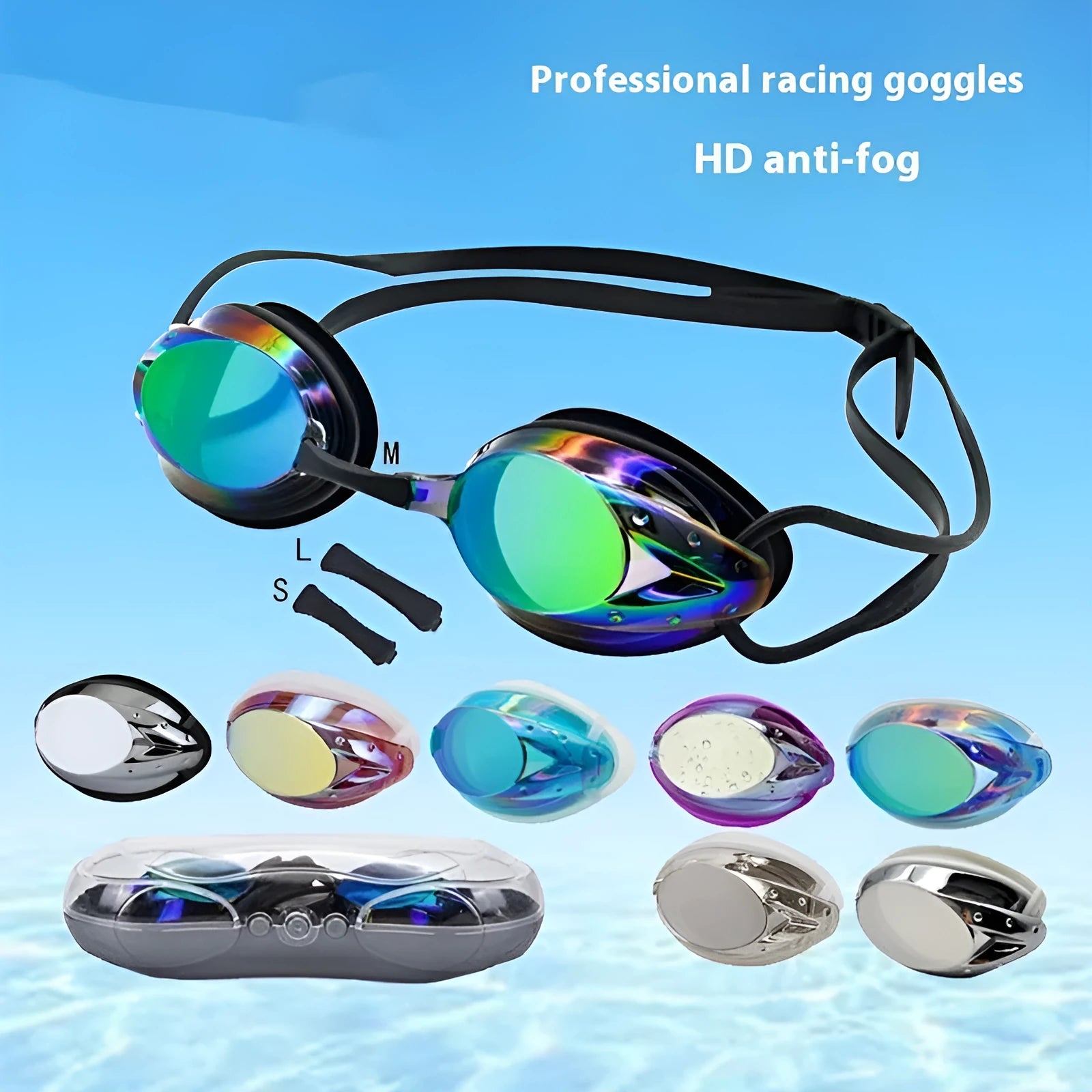 Anti-fog HD waterproof competitive swimming goggles for adults in bright blue colour