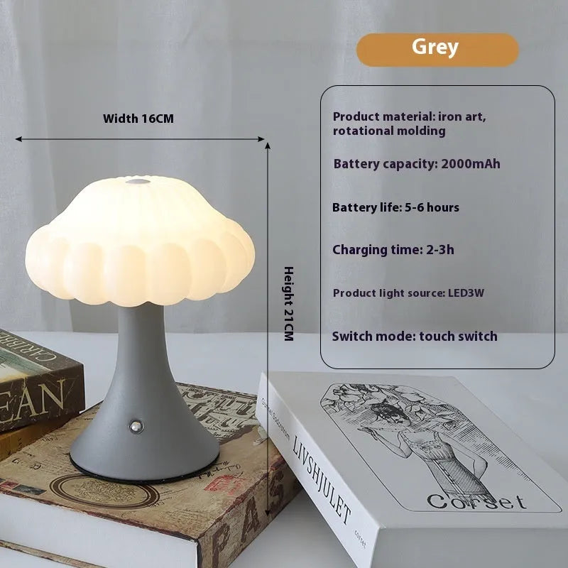 Creative mushroom-shaped touch night lamp in wood grain, white, cream, grey, or black colour options