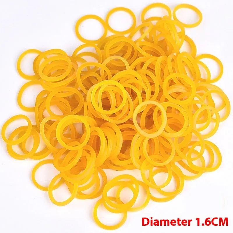 500g bulk pack of yellow rubber bands showing seven different diameters from 16mm to 70mm