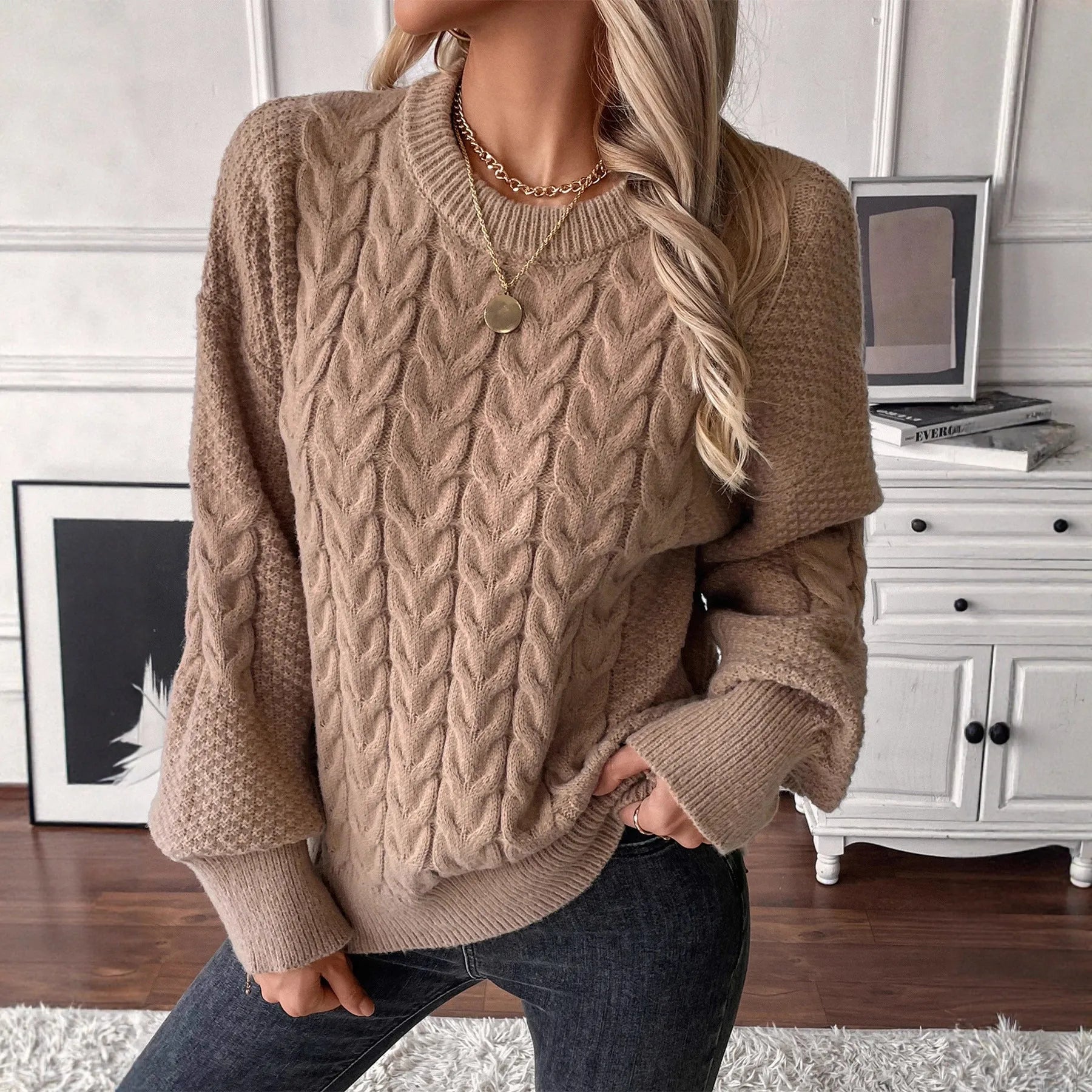 Women's khaki loose sweater with twist detail and round neck