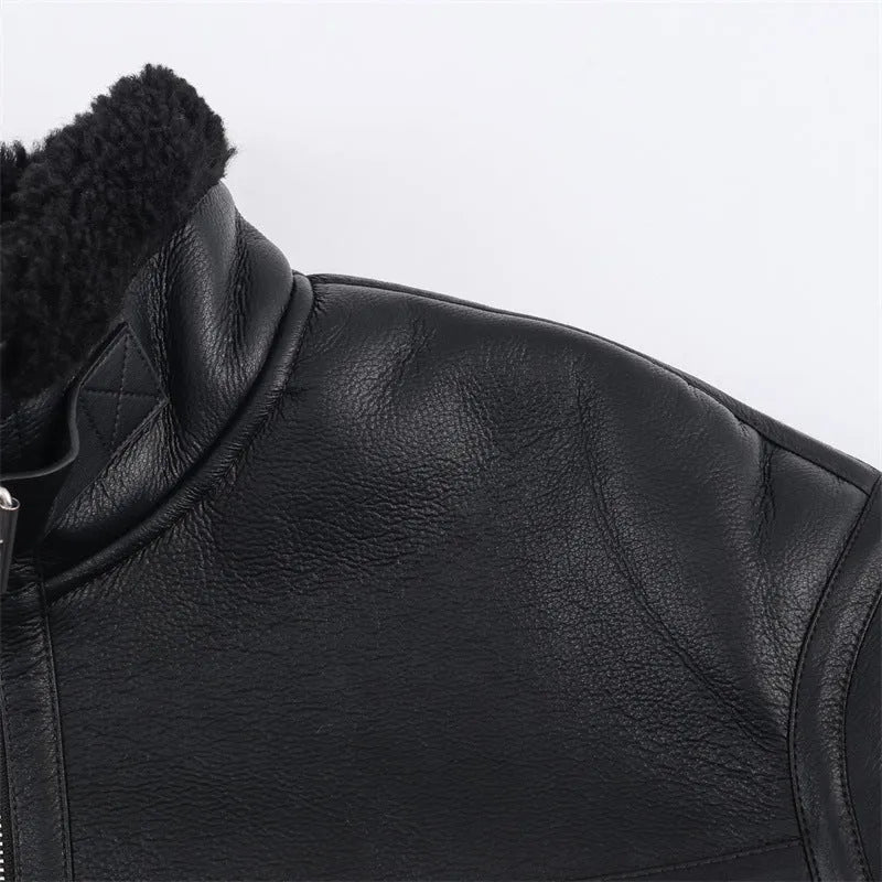 Women's black double-sided fleece jacket with PU fabric, shown front view, casual style, medium thickness.