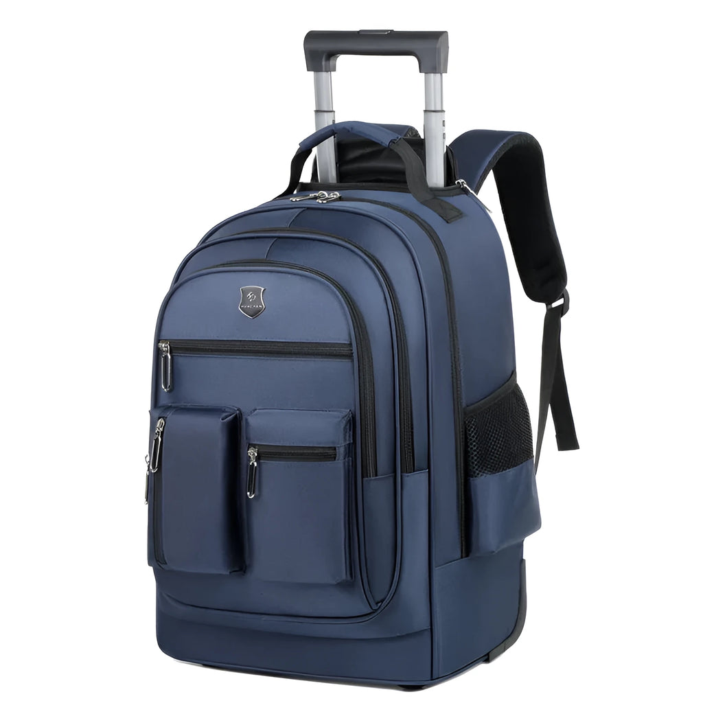 Large capacity multi layer travel backpack with wheels, black colour, standing on a flat surface with telescopic handle extended