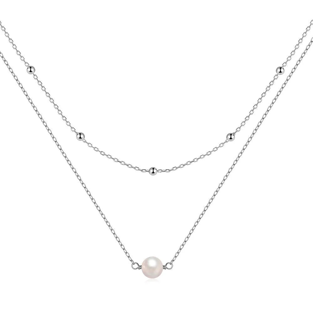 S925 sterling silver women's necklace with double-layer design and twin pearls in gold or white gold plating