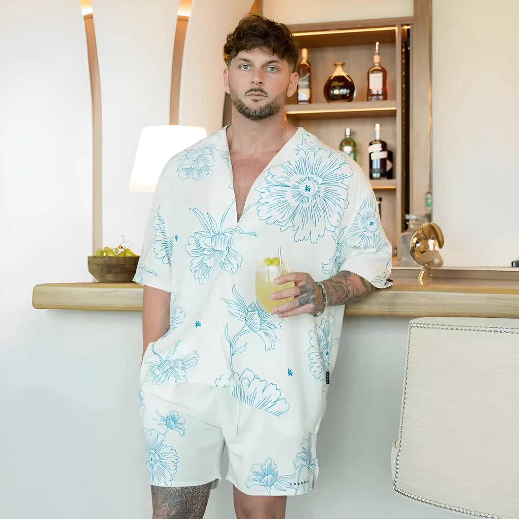 Men's printed casual loose short sleeve top in beige with floral pattern, short sleeves, and cardigan style