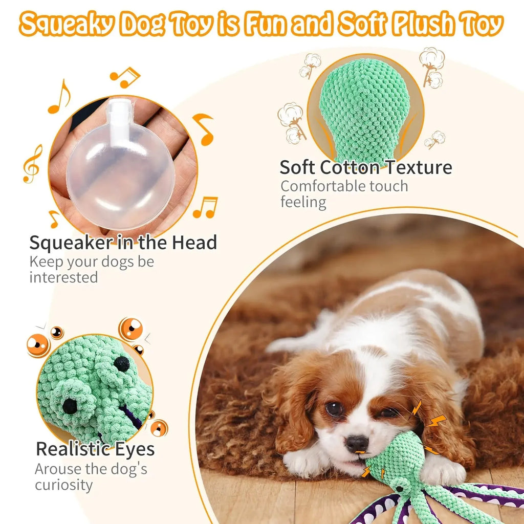Blue plush octopus dog chew toy with six legs and squeaker for interactive play