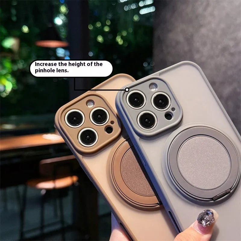 Frosted magnetic rotating bracket phone case for iPhone 17 in multiple colour options showing bracket extended