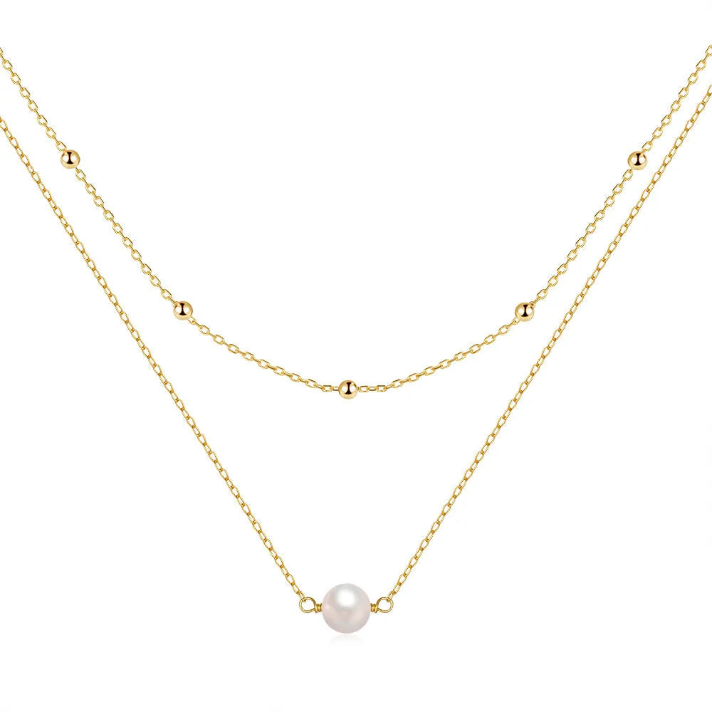 S925 sterling silver women's necklace with double-layer design and twin pearls in gold or white gold plating