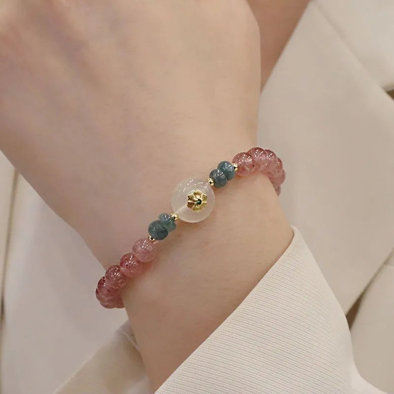 Strawberry quartz and blue water emerald bracelet with geometric diamond shapes and traditional Chinese design elements