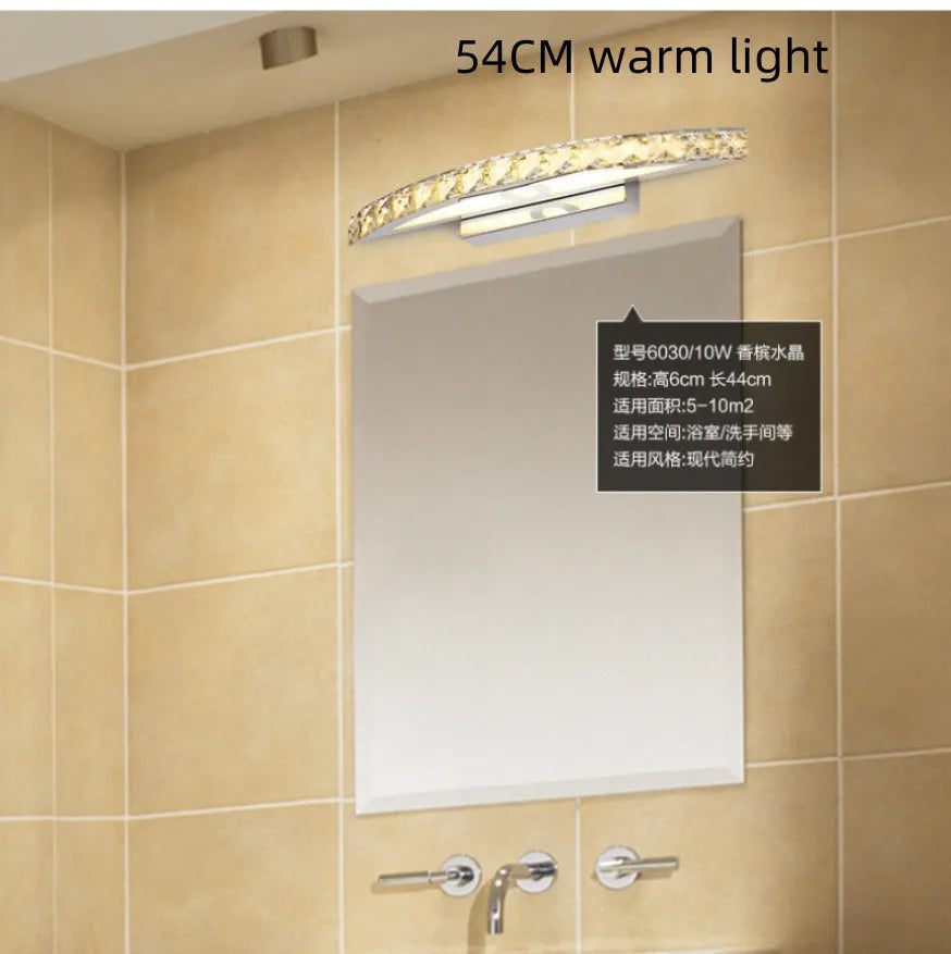 LED bathroom wall lamp with crystal mirror headlight, stainless steel hardware, available in 44cm 54cm or 70cm arc length