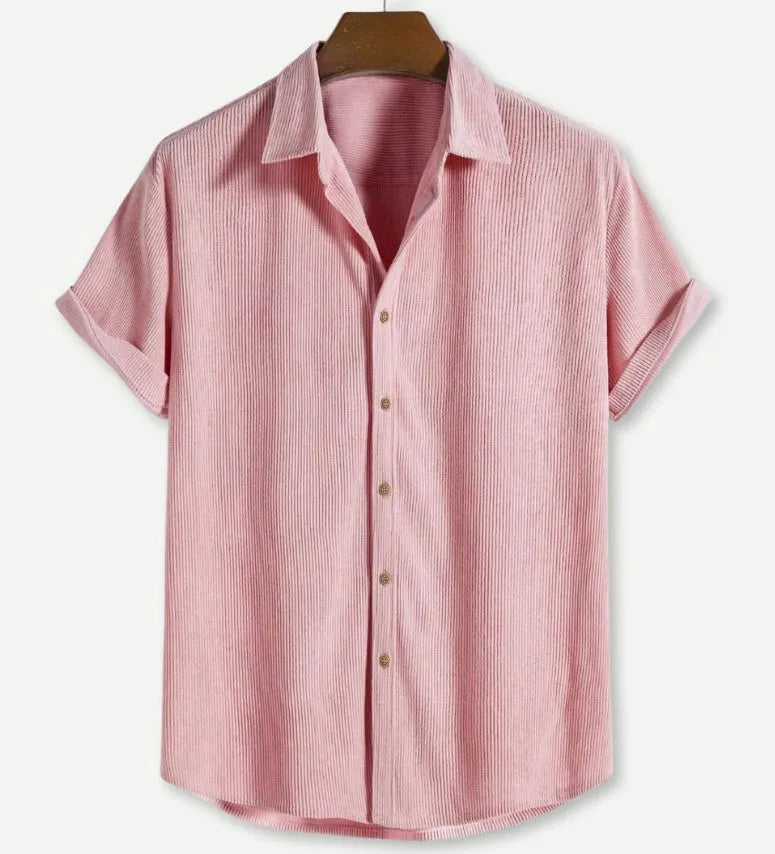 Man wearing a casual short-sleeved polyester cardigan-style shirt in a GKESJ colour.