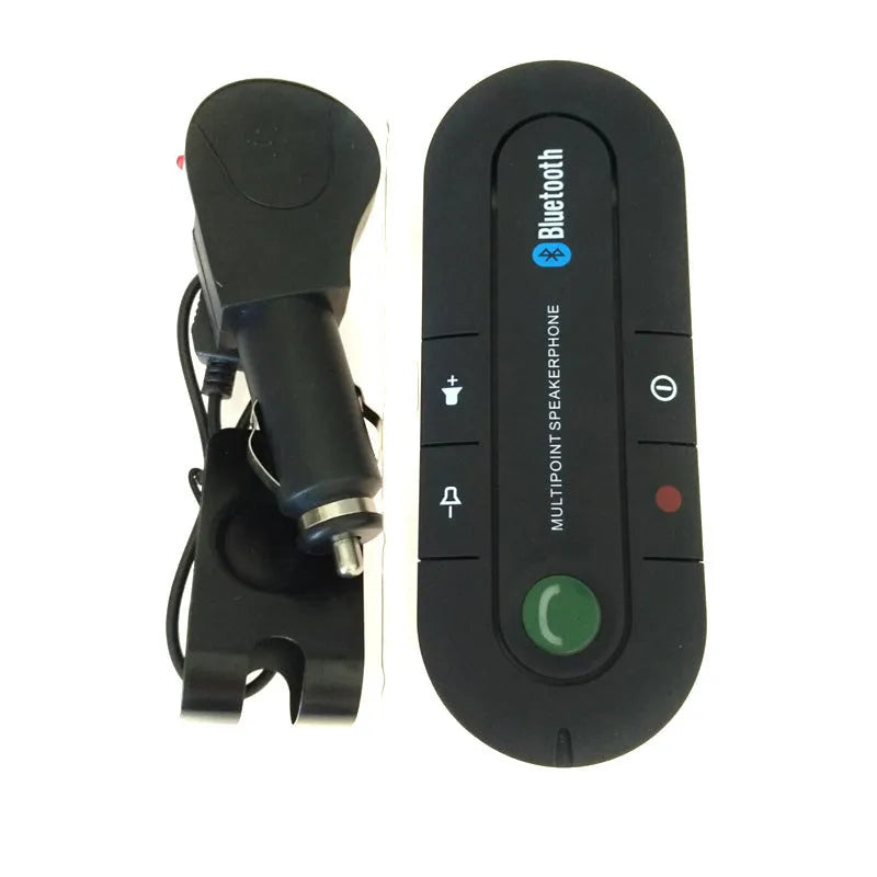 Car Bluetooth handsfree unit mounted on sun visor with charger and cable