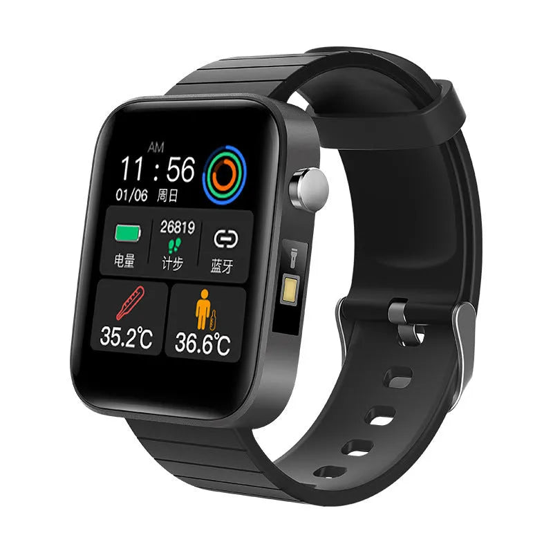 Black smart health monitoring bracelet with 1.54-inch touch screen displaying blood pressure and temperature readings