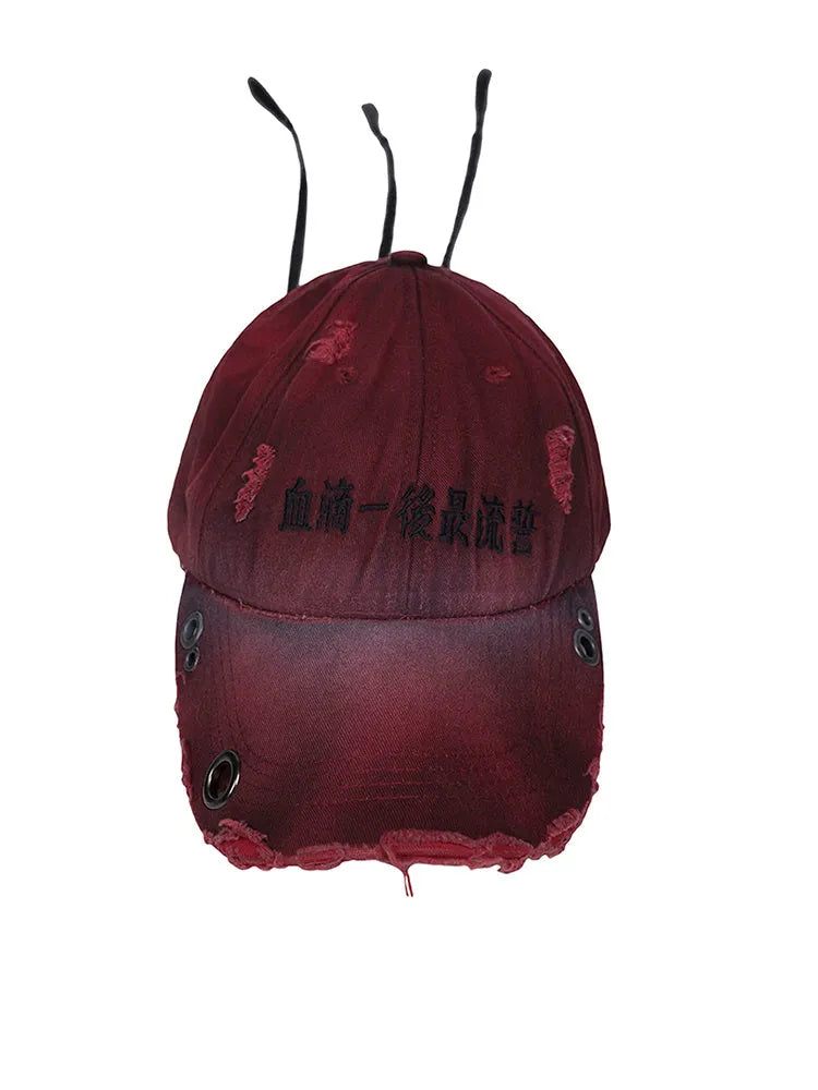 Rose red cotton peaked cap with adjustable strap and spray dirty old vintage design.
