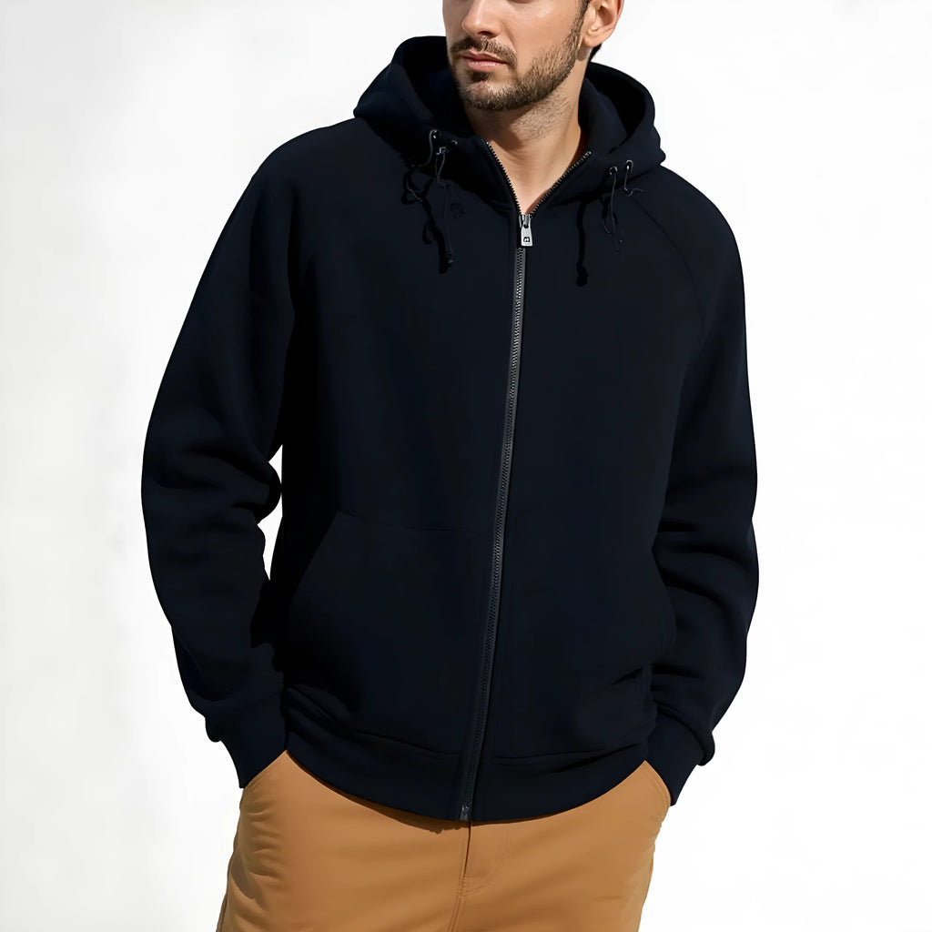 Solid colour full zipper hooded jacket for men in brown, polyester fibre long sleeve casual sweater
