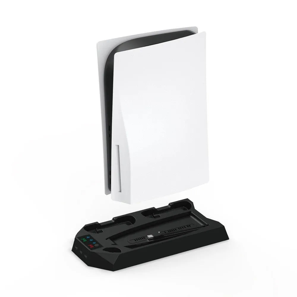 White PS5 charging base dock with two controllers charging and headset storage hook