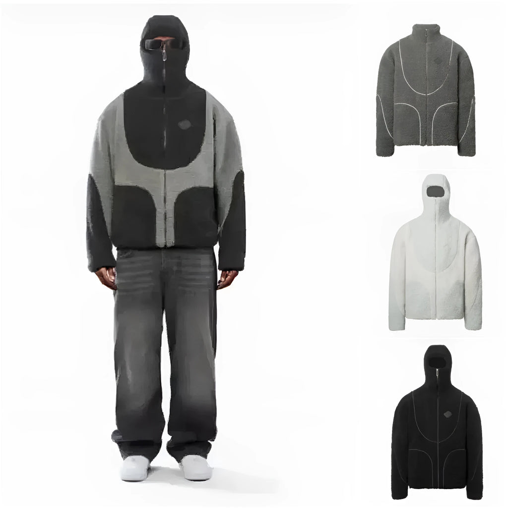 Men's lamb wool hooded zipper coat sweatshirt patchwork line design casual top in dark gray