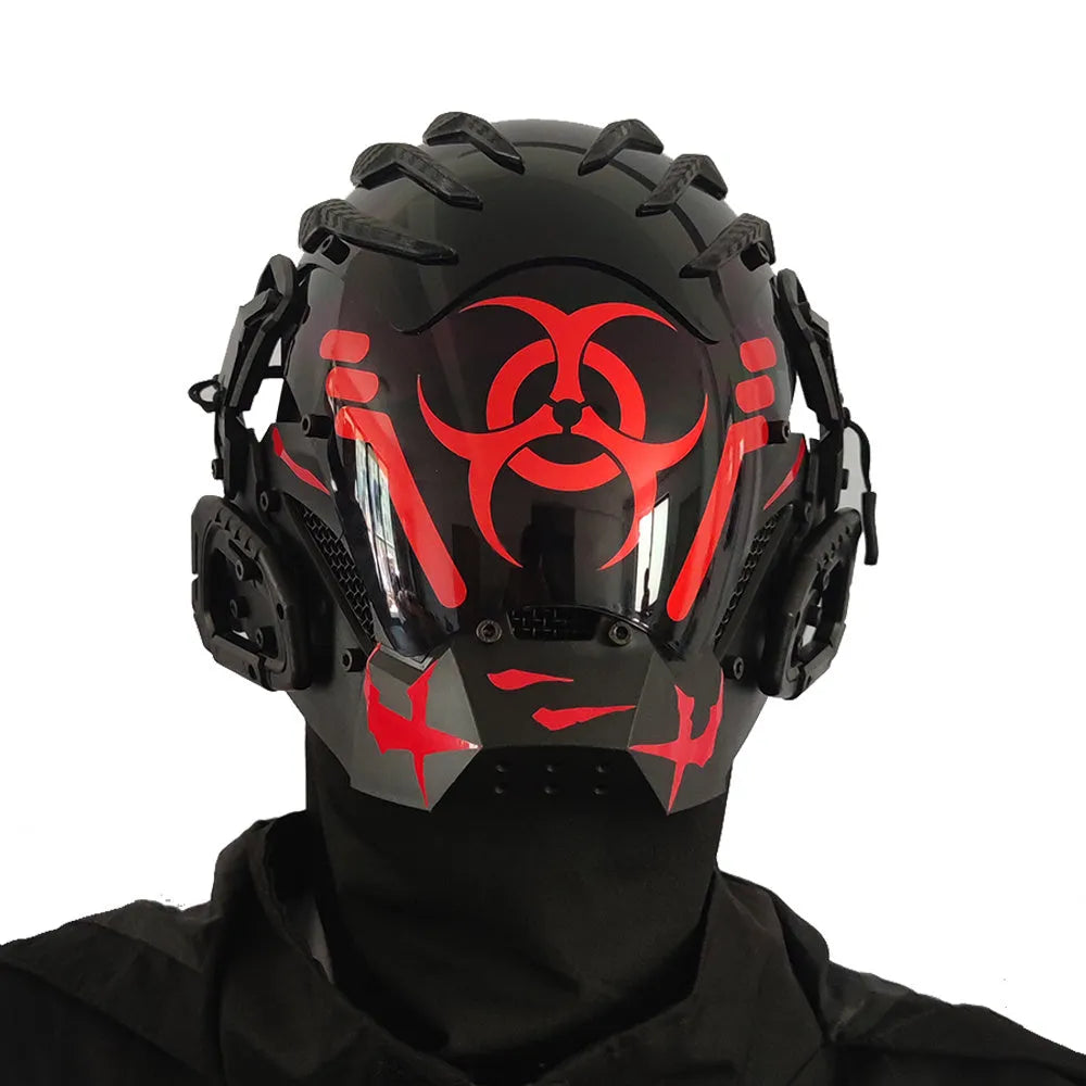 Black bioweapon tech style full face prop helmet for cosplay and costume parties
