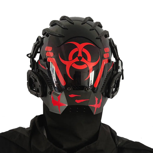 Black bioweapon tech style full face prop helmet for cosplay and costume parties