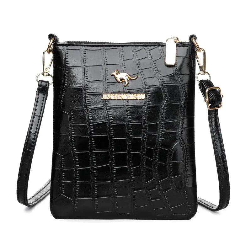 Square black rose pattern PU shoulder messenger bag with file organiser interior and shoulder strap.