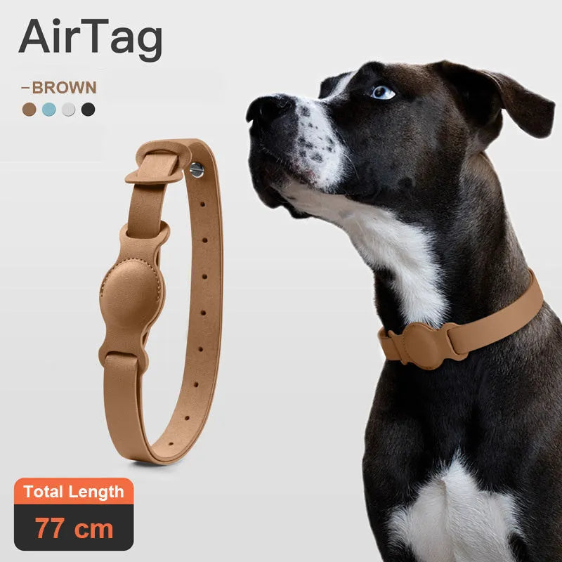 Leather pet collar AirTag holder in misty blue, adjustable 40cm, with silicone lining for anti-scratch protection