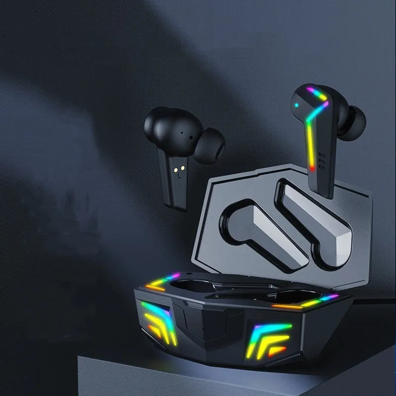 Black wireless sports Bluetooth headset with earplug design on a plain background.