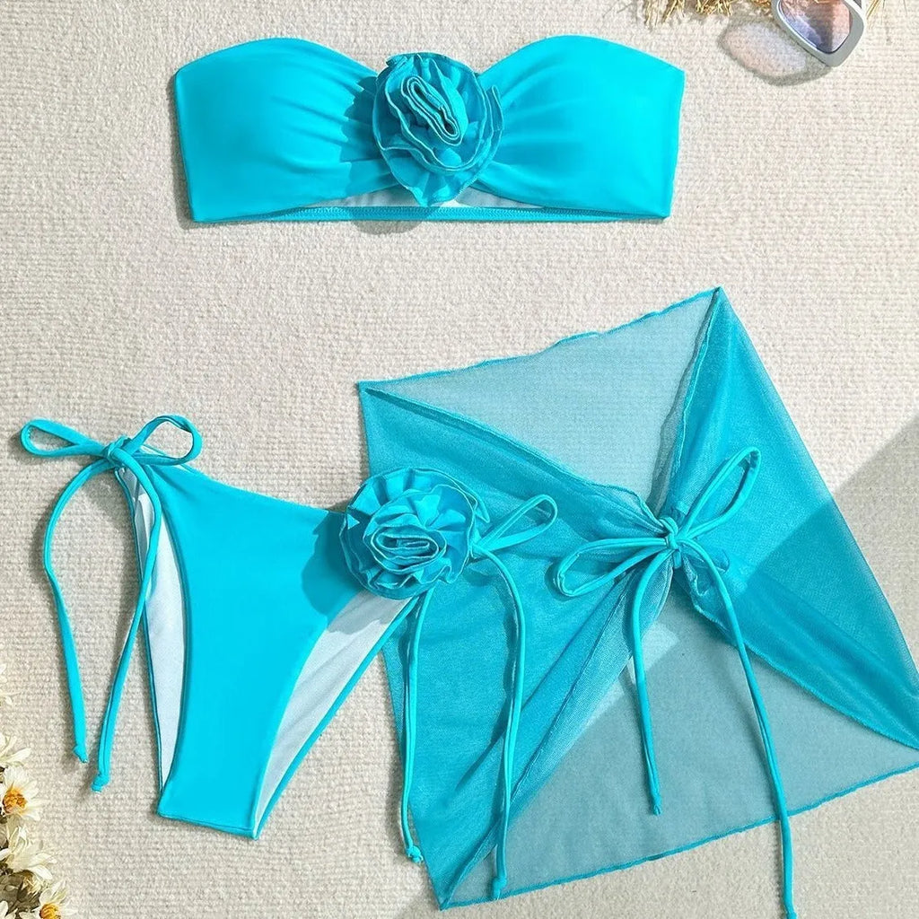 Women's tube top swimsuit set with three-dimensional big flower ties in blue pink purple includes top pants skirt