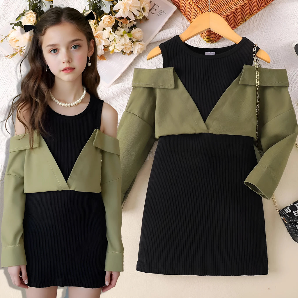 Children's off-shoulder long sleeve dress in military green cotton, front view, sizes 4Y to 7Y